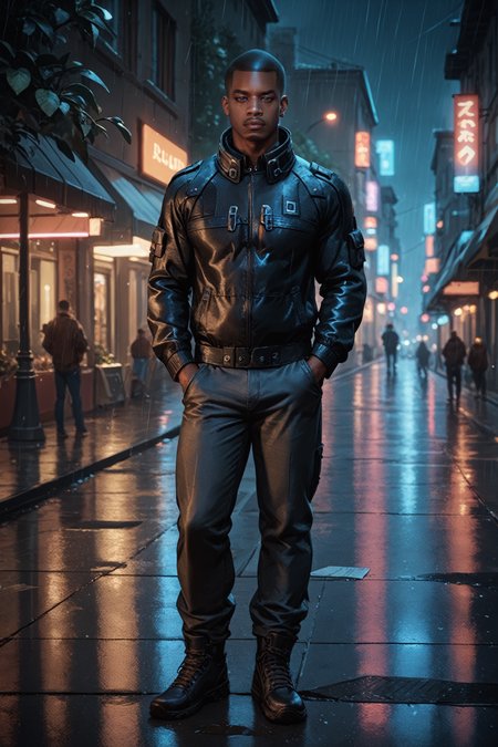 score_9, score_8_up, score_7_up, score_6_up
<lora:MEJacob:0.8>
MEJacob, 1boy, buzz cut, brown eyes, dark skin, looking at viewer, standing in the rain on a neon-lit city street at night, full body