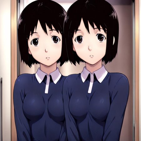 ((1girl,Nakahara_Misaki,slf, front), upper body, simple back ground, breast, open clothes) ,masterpiece, best quality, high resolution, absurdres, 1girl, nakahara_misaki, brown_eyes, black_hair, short_hair, bob_cut, small_breasts, collared_dress, blue_dress, long_sleeves,