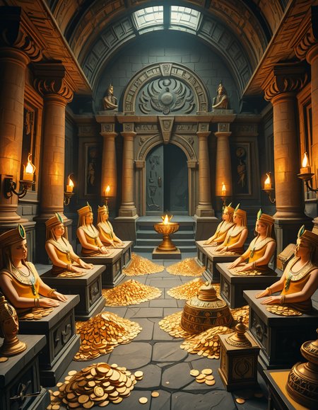 A hidden treasure chamber deep within an ancient temple, illuminated by the warm golden glow of torches and mystical blue light from enchanted crystals. The room is filled with piles of gold coins, jewel-encrusted goblets, and ancient artifacts covered in dust. Massive stone statues of forgotten deities guard the chamber, their eyes glowing faintly as if watching intruders. In the center, a grand pedestal holds a legendary artifactâan ornate golden crown encrusted with emeralds and sapphires, shimmering with an otherworldly aura. The walls are adorned with intricate carvings depicting lost civilizations, and creeping vines hint at centuries of abandonment. The atmosphere is mystical and slightly eerie, with a sense of both wonder and danger. The air is thick with the scent of aged parchment and burning incense, adding to the chamberâs ancient and mysterious feel. Cinematic lighting with dramatic shadows enhances the depth and richness of the scene, creating a visually stunning and immersive environment.
<lora:SDXLFaeTastic2400:0.4> <lora:extremely_detailed:0.4> extremely detailed,treasure ch4mb3r, <lora:treasure_ch4mb3r-i:1>, Masterpiece,best quality,hi res,8k,hi res,8k,award winning,(sharp focus, intricate, highly detailed),