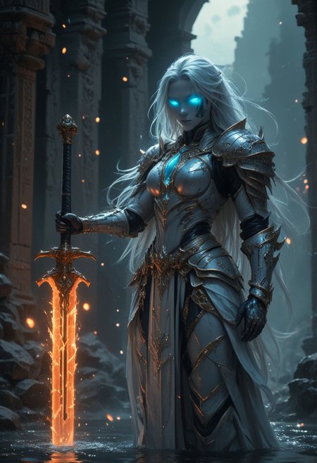 "Create a hyper-realistic depiction of a powerful, mysterious warrior infused with cosmic energy, set against an ancient, moonlit temple. The character embodies a seamless blend of elegance and strength, wearing a sleek, form-fitting suit with intricate metallic accents and glowing cyan and orange veins, mirroring a fiery core of energy encased in a futuristic orb. Her mask partially conceals her identity, with striking, piercing eyes that radiate confidence and intrigue. The environment reflects the mystical aura, featuring a serene pool reflecting the full moon, ancient ruins, and glowing lanterns, while incorporating elements of molten lava and fiery tendrils spreading across the scene, blending technology with nature. The orb’s influence is visible, creating cracks of molten energy along her armor and the ground beneath her. The scene is rendered with cinematic lighting, capturing subtle details in texture, reflections on water, and a balance between the cool moonlight and the fiery warmth of the orb. The atmosphere is charged with mystery and power, emphasizing the fusion of human and elemental forces."