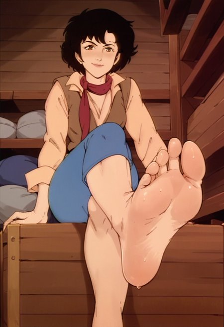 score_9, score_8_up, score_7_up, score_6_up, best_quality, source_anime, 1girl, solo, 
tessdarrett, pole_position, short hair, black hair, brown eyes, scarf, vest, shirt, jeans, 
sitting on wooden crate in storeroom, flat colors, retro_artstyle,
 (barefoot, sole, foot focus:1.2), crossed legs,  ((perfect foot)), high arched foot,
gentle smile
 looking at viewer, elegant pose, detailed sole, sweaty sole, high-arched foot, wrinkled sole,
front view, from below, soft lighting,, 5_toes