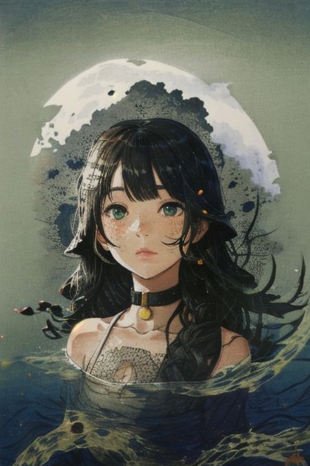 portrait, ukiyo-e, 1girl, in water, freckles, ripples, long hair, wavy hair, upper body, forest, fox ear, choker, looking at viewer, moon, night, dark photo, blurry background