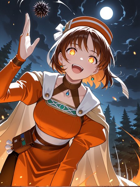 masterpiece,best quality,newest,
1girl,solo,
<lora:Elfir_Traum_ilxl_v1.2:1>,e_hat,elfir_traum,short hair,brown hair,brown eyes,e_clothes,bridal gauntlets,
<lora:Fixhands_anime_bdsqlsz_V1:1>,dynamic_angle,cinematic_angle,glowing eyes,fighting_stance,fighting,night,darkness,(motion_blur:1.3),(motion line:1.2),(speed_lines:1.1),aura effect,dark cloud,leaning_forward,pov,looking_at_viewer,front view,open mouth,laughing,bent over,looking ahead,fantasy,medieval style,tossing sea urchin,forest,upper_body,