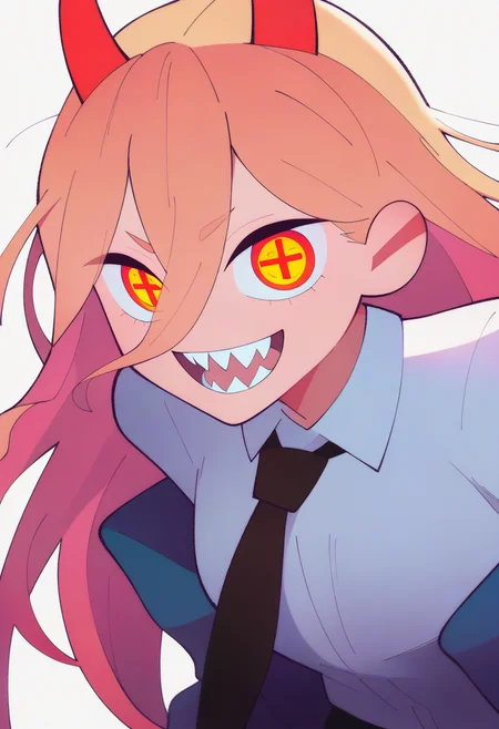 best quality, amazing quality, very aesthetic, absurdres,
BREAK
1girl, power \(chainsaw man\), pink hair, blonde hair, red horns, red eyes, cross-shaped pupils, long hair, sharp teeth, hair between eyes, symbol-shaped pupils,
collared shirt, black necktie, long sleeves,
looking at viewer, white shirt, open mouth,
simple background, white background, smile, upper body,    <lora:FlipherrNoobLocon_byKonan:1>