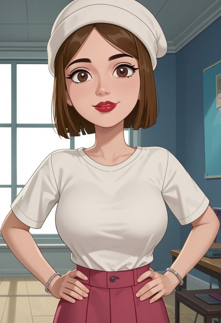 ((room background)),score_9, score_8_up, score_7_up,score_6_up, 
1girl, solo, Lauren_HYG, light skin, dark brown eyes, brown hair, short hair, bob cut, red lips, white beanie hat, white V-neck shirt, high-waisted magenta skirt, gray socks, dark pink sneakers shoes, silver beaded bracelet, cute, tall stature, social smile, perfect eyes, perfect smile, looking at the viewer, detailed eyes, perfect eyes, standing, big breasts (front pose, bust shot) five fingers, perfect hands, (hands on hips)