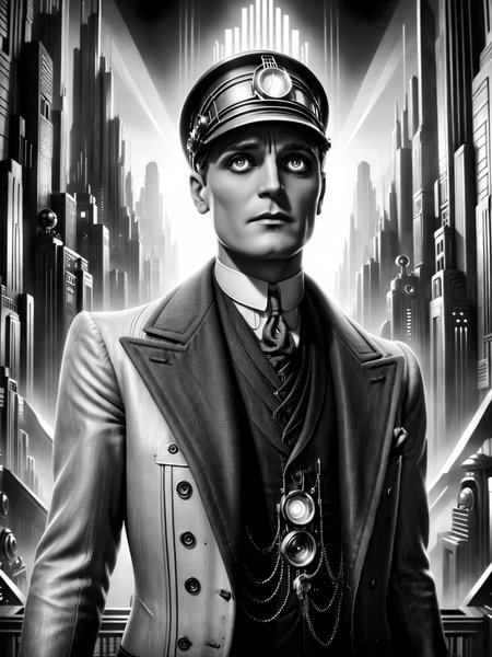 man, futuristic,1920s, black and white,<lora:Metropolis_Movie_Style_SDXL:1> mad-ropolis-movie, (masterpiece:1.2), best quality, (hyperdetailed, highest detailed:1.2), high resolution textures