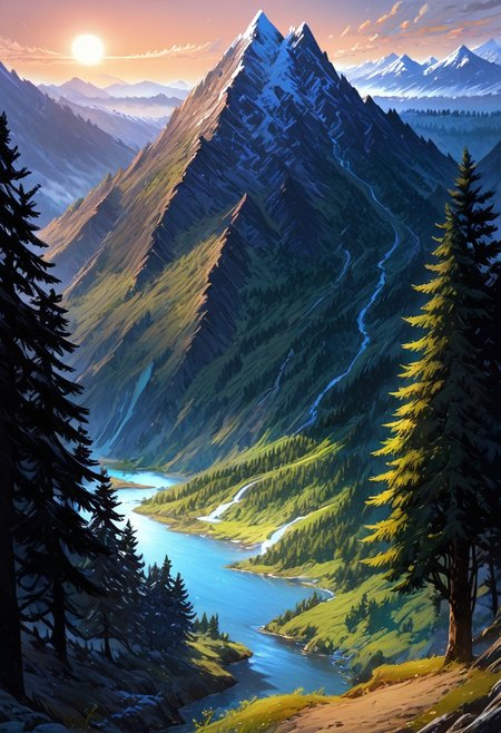 score_9, score_8_up, score_7_up, masterpiece, landscape, trees, sun, forest, mountains, river, epiCPhoto