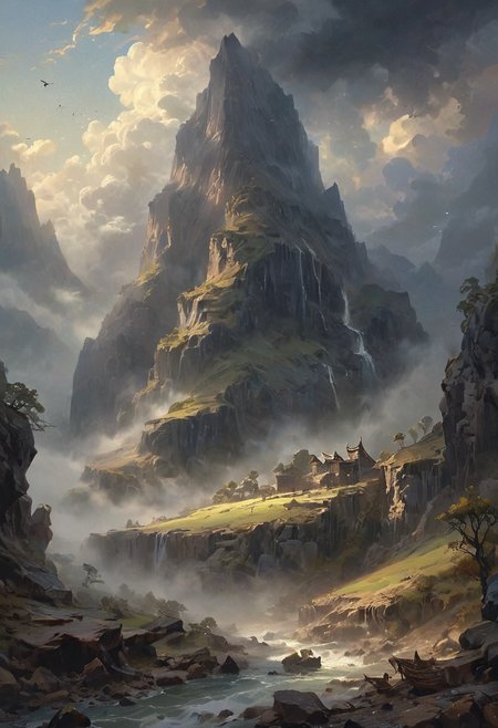 View from a rocky ledge to a massive, weathered ark resting between two high, jagged hills. The scene is shrouded in a thick, ominous fog, with an eerie stillness in the air. The ark, appearing ancient and majestic, looms large against the chaotic swirl of dark clouds above. The sky is filled with ominous, swirling clouds, casting deep shadows over the landscape. Animals of all kinds are faintly visible through the mist, gathering in pairs and moving towards the ark. The overall scene evokes a sense of awe and solemnity, capturing the profound moment of Noah's Ark amid the turbulent surroundings. [romantic impressionism,dream scenery art,beautiful oil matte painting,romantic,style of thomas kinkade,beautiful digital painting,anime landscape,romantic painting,dreamlike digital painting,colorful painting,beautiful gorgeous digital art,style of greg rutkowski,janek sedlar,jenny saville:0] <lora:vivid_everclear:0.6>  <lora:Sinozick:1>