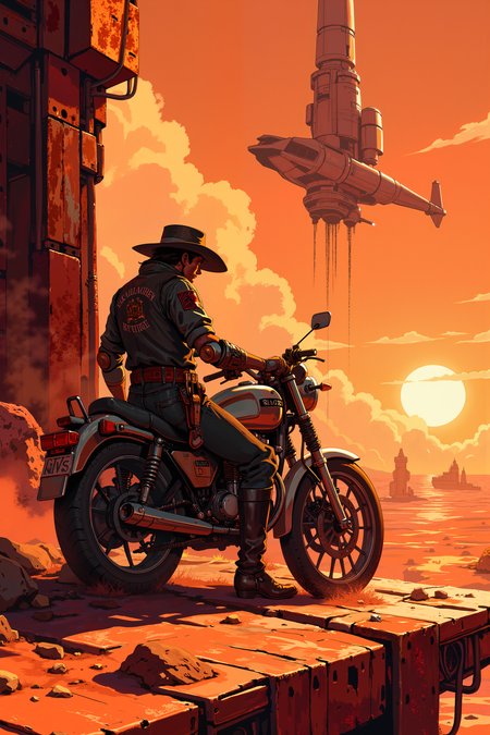 On the metallic, sun-scorched surface of a derelict space station, a lone space cowboy leans against his hovering bike, his cybernetic arm resting casually on the handlebar. His hat, made from darkened leather and adorned with the emblem of an outlaw gang, casts a shadow over his sharp, chiseled jaw. Above him, the twin suns of a distant binary star system burn brightly, their harsh light reflecting off the stationâs crumbling spires and casting long shadows across the barren, rust-covered landscape. His boots, caked with red dust from a hundred different worlds, kick up small clouds as he shifts his weight, eyes scanning the horizon where distant ships flicker like stars. The station itself, half-collapsed and forgotten, stands as a relic of a bygone age, its once-grand corridors now home to scavengers and outlaws alike. The cowboyâs blaster, a sleek, high-caliber energy weapon, hangs loosely in its holster, glowing faintly with the telltale light of a recent charge. His gaze is fixed on the shimmering silhouette of a ship descending from the sky, a long-awaited arrival that will settle an old score. The air crackles with the anticipation of a showdown, the calm before the storm in this dusty corner of the galaxy.<lora:XRSTYLE_FLUX:0.5><lora:RetroAnimeFluxV1:0.4><lora:MoriiMee_Gothic_Niji_Style_FLUX:0.3>