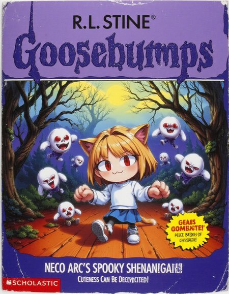 The image is a photograph of a book cover for "R.L. Stineâs Goosebumps: Neco Arc's Spooky Shenanigans". The cover features a whimsical yet eerie illustration of Neco Arc, the chibi character with short, messy light tan hair, red eyes, and cute cat ears. Sheâs dressed in a cozy white sweater and a blue skirt, but her playful demeanor is overshadowed by a chilling aura. The title "R.L. Stineâs Goosebumps" is written in vibrant purple letters that appear to be dripping with a shadowy mist, while the subtitle "Cuteness Can Be Deceptive!" is displayed at the bottom alongside "Scholastic".
In the center, Neco Arc is depicted in a playful pose, but her mischievous smile hints at something sinister lurking beneath the surface. Surrounding her are ghostly apparitions of playful spirits, floating around with wide grins and glowing eyes, creating an unsettling juxtaposition between her cuteness and the eerie atmosphere.
The background shows a dark, enchanted forest with twisted trees and glowing, floating orbs of light that flicker ominously. The sky is a deep shade of midnight blue, dotted with eerie stars that seem to watch Neco Arcâs every move. Shadows loom in the distance, suggesting that while she may look cute, her antics lead to unexpected and possibly spooky adventures. The overall atmosphere combines whimsy with a hint of danger, drawing readers into a world where appearances can be deceiving., flat chest