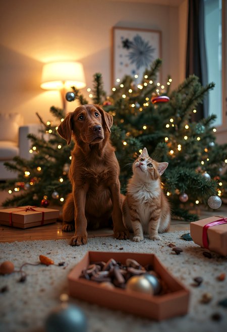 Named "Not Guilty", this is a brilliant and beautiful high-angle shot capturing a funny late winter night scene in a large, well-lit white living room of a modern and trendy New York apartment. It looks like there has been a fight because the Christmas tree is toppled over, lying on its side on the floor. In the foreground, facing the viewer, a cute young chocolate Labrador with brown eyes and next to him a cute Persian cat with green eyes sit side by side, looking up with innocent expressions, powerfully lit by a bedside lamp. In the blurred background, everything is in disarray in the immense room. Gift boxes are torn or crushed, opened boxes of chocolates are overturned with chocolates and candies scattered on the floor, and ornaments are strewn about, giving the impression of a recent scuffle.