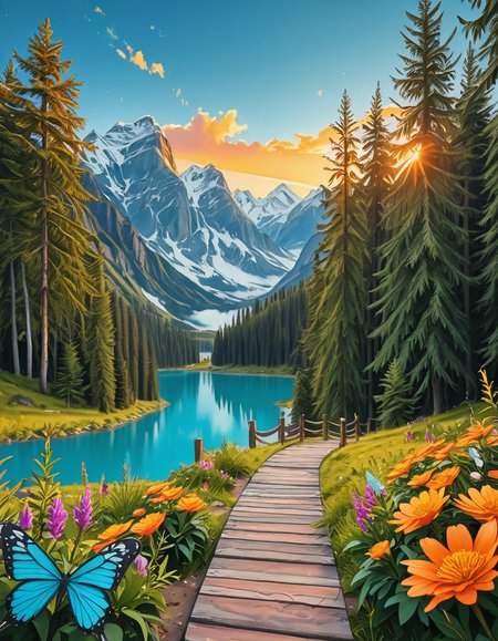 A breathtaking, high-resolution photograph of the most beautiful place on Earth, where natureâs wonders blend in perfect harmony. Towering, snow-capped mountains rise majestically in the background, their peaks glowing under the golden hues of a setting sun. Below, a crystal-clear turquoise lake reflects the colors of the sky, surrounded by lush, green forests filled with ancient trees, vibrant wildflowers, and cascading waterfalls. A soft mist rises from the valley, adding a dreamlike quality to the scene. In the distance, rolling meadows stretch toward the horizon, dotted with colorful flowers and serene wildlifeâgraceful deer grazing, birds soaring in the sky, and butterflies dancing in the breeze. A wooden footpath winds through the landscape, leading to a secluded, tranquil spot where the beauty of nature can be fully admired. The air is crisp and filled with the soothing sounds of rustling leaves, flowing water, and distant birdsong. The sky above is a masterpiece of colorsâdeep oranges, purples, and pinks blending seamlessly as the sun sets, casting a magical glow over this untouched paradise. The atmosphere is peaceful, awe-inspiring, and filled with a deep sense of wonder and tranquility, as if stepping into a perfect dream.
<lora:SDXLFaeTastic2400:0.4> <lora:extremely_detailed:0.4> extremely detailed,Earth P4r4d1s3, <lora:Earth_P4r4d1s3-i:1>, Masterpiece,best quality,hi res,8k,hi res,8k,award winning,(sharp focus, intricate, highly detailed),