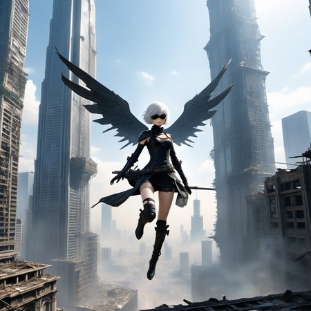 2B gracefully maneuvers amidst the skeletal remnants of skyscrapers in a post-apocalyptic city. Battling an onslaught of mechanized monstrosities, she leaps skyward, and holographic wings emerge, reflecting the poignant beauty of the city's decay and the enduring spirit of resistance.
