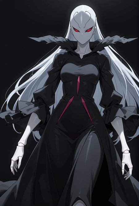 Smooth Quality,masterpiece,very intricate, high quality details, ultra realistic, high detailed skin,detailed enviorement,absurdres,
simple background, white background, 
dynamic angle,serious, intense gaze, line lips,,solo,
 <lora:Berettacnn:0.8>  beretacnn,1girl, long hair,red eyes, (mask:1.1), black dress,silver hair, doll joints, no humans, no mouth,