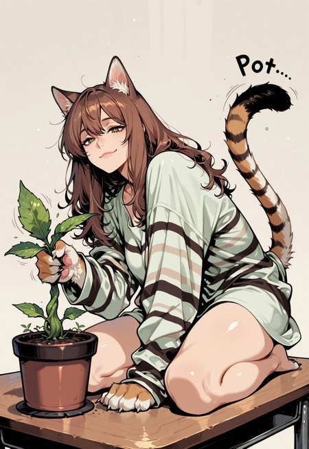  core_9, score_8_up, score_7_up, masterpiece, best quality, very aesthetic, detailed face, (dynamic:1), 1girl, catgirl, animal arms, sitting on table, pet pose, brown hair, long hair, striped white fur, animal ears, (smug:0.7), slit pupils, white pupils, pushing of table, plant pot, over the edge, full body, legs, pressing against, (pushing over the edge:1.1), oversized shirt, playing with, hitting plant-pot, flying plant pot, mid air, shattering, swiping, mature, (kneeling:0.9), downwards, (falling:1.1), sliding