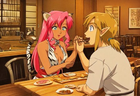 Pink_DragonPink, 1girl, sleeveless dress, white tiger print dress, pelvic curtain, cleavage, white tiger tail, red sash, small breasts, leather shoes, masterpiece, very aesthetic, cute expression <lora:pink-illustrious:1>, japanese restaurant, counter, showcase, omakase, sushi plate
Break
(anime, anime coloring:1.3),1boy,Anime screencap,link (zelda),blonde hair,blue eyes,pointy ears, wearing blue hyilian tunic, holding chopsticks, Link feeding dragonpink sushi, indoor, chair, window, japanese restaurant, counter, showcase, omakase, sushi plate, wooden plate,
Dragonpink and Link happily enjoy a meal, indoors, chair, window, japanese restaurant, link and dragonpink feed each other sushi, link and dragonpink holding hands, link and dragonpink kissing, counter, showcase, omakase, sushi plate, wooden plate, both dragonpink and link upper bodies in frame, smiling at each other