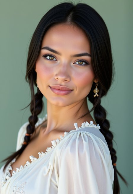 She is approximately 18 years old. Hyperrealism, she is looking at the camera, (dynamic angles), profile headshots of a beautiful, stunning unique female character.  she has braid dark hair. her eyes are filled with joy and excitement, extravagant eyelashes. a photo of Maid3n, she is wearing a white frilly shirt. The woman is posing confidently. simple sage green colored background. She has a slight smile on her face and is looking directly at the camera. making this image a masterpiece of photography and digital art. realistic. making this image a masterpiece of photography and digital art. Style: realistic hyper-detailed rendering, 32k UHD, expressive eyes, punk, graphic design, girl's face, pretty and cute, gleaming lips, telling a tale of adventure. Exuding confidence and serenity. The overall mood of the image is happy and relaxed,detailed skin texture,(blush:0.2),(goosebumps:0.3),subsurface scattering,whimsical,Detailed hand, Perfect hand. Perfection style.