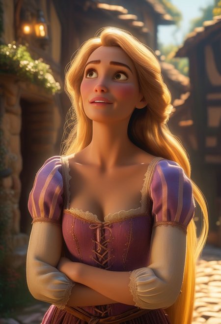 cute rapunzel, desirable, in a village, looking up, parted lips, realistic, morning light, scenery,  full body shot, realistic, stunningly realistic, trending on artstation , (masterpiece), best quality, highres, 4k, 8k, intricate detail, cinematic lighting, amazing quality, amazing shading, soft lighting, 35mm, analog style, a realistic photo, film grain, (photorealistic:0.6), taken by a canon eos r5, ultra detailed skin, ultra detailed face,  chromatic aberration, colorful, bright colors,