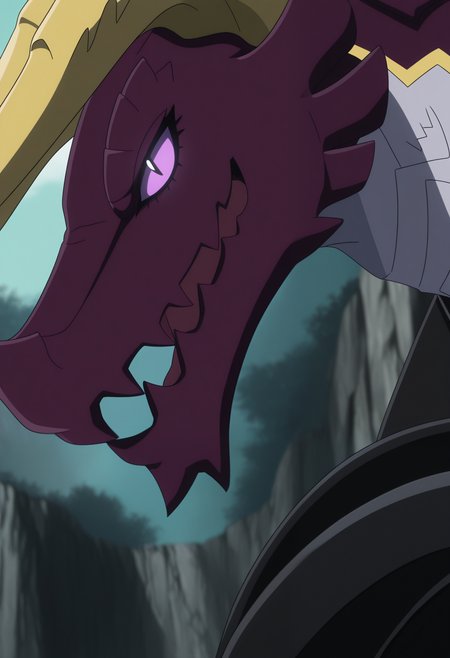 masterpiece,best quality,amazing quality, 1boy, solo, t4nn1n, purple sclera, black slit pupils, dragon, black pauldron, close up, side angle, smirk,