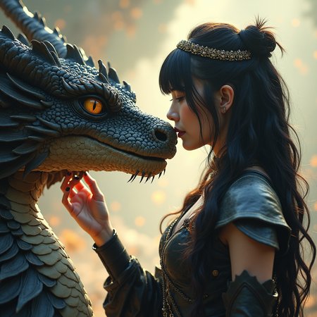 The image before us is a breathtaking masterpiece, a visual feast that transports the viewer to a fantastical world of oriental barbarian dragons and their enigmatic tamers. The central figure is a stunningly beautiful dragon tamer, her long, dark hair cascading down her back in a waterfall of glossy curls, adorned with a delicate circlet that gleams subtly in the ethereal light that bathes the scene. Her bangs, a carefully crafted fringe of hair, frame her face, drawing attention to her intense, focused gaze as she affectionately strokes the nose of a colossal dragon.
The dragon tamer's attire is a harmonious blend of leather and hide armor, designed to provide both protection and flexibility in her demanding role. The leather components of her armor are meticulously crafted, the material supple and well-maintained, bearing the patina of regular use. The hide components, sourced from the very dragons she tames, are expertly treated and fitted, providing an additional layer of defense against the elements and the razor-sharp claws and teeth of her formidable charges.
Her armor, while functional, does not detract from her femininity or beauty. Instead, it accentuates her slender waist, the curves of her hips, and the toned muscles that ripple beneath the surface of her sun-kissed skin. The armor's design is intricate, with subtle patterns and motifs that speak to the rich cultural heritage of her people, the oriental barbarian tribes that have long been associated with the mystical art of dragon taming.
The dragon tamer's posture is poised and confident, her body language radiating an aura of quiet authority and control. Her right hand is extended, her fingers gently tracing the scaled surface of the dragon's snout, the contact a testament to the deep bond that exists between the two beings. The dragon, in turn, permits this intimate touch, its eyes half-lidded, its expression one of serene contentment.
The dragon is a magnificent creature, a testament to the raw, untamed power of nature. Its scales, a deep, rich shade of obsidian, glisten in the light, each scale perfectly formed and arranged, creating an armor that is both beautiful and terrifying. Its wings, folded against its massive body, are a study in restrained power, the leathery skin taut and unblemished, the veins that course beneath the surface standing out in stark relief.
The dragon's eyes, the windows to its soul, are pools of molten gold, the irises ringed with a thin band of midnight black. They are intelligent eyes, reflecting a being that is far more than a mere beast. The dragon's gaze is fixed on the dragon tamer, the connection between them palpable, a living, breathing entity that transcends the physical realm.
The background of the image is a swirling vortex of colors, a representation of the mystical, otherworldly energy that permeates the realm of the dragon tamers. The hues shift and merge, creating a kaleidoscope of colors that both entrance and disorient the viewer. Amidst this chaos, the dragon tamer and the dragon stand as beacons of calm, their bond a stabilizing force in a world that is constantly in flux.
The image, as a whole, is a celebration of the beauty and power of the oriental barbarian dragon tamers and their dragons. It is a testament to the deep, abiding connection that can exist between humans and animals, a bond that transcends language, culture, and species. The image is a masterpiece, a visual symphony that speaks to the heart and the soul, leaving the viewer with a profound sense of awe and reverence.