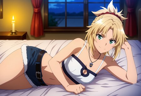 anime screencap, masterpiece, best quality,
<lora:FateApocrypha_Mordred_IlluXL:0.9>,
1girl, solo, closed mouth, smile,
ponytail, parted bangs, french braid, blonde hair, red scrunchie, green eyes,
pendant, bra strap, bare shoulders, white bandeau, small breasts, crop top, clothing cutout, short shorts, fur-trimmed shorts, denim shorts, black belt,
on side, lying, looking at viewer, 
indoors, on bed, night, candlelight, blurry background