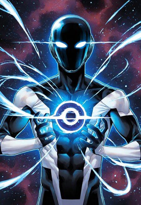 masterpiece, best quality, amazing quality, very aesthetic, absurdres, newest, detailed background, ra3iant, 1boy, solo, bodysuit, black bodysuit, white bodysuit, mask, upper body, casting spell, black energy, glowing, aura, light trail, space