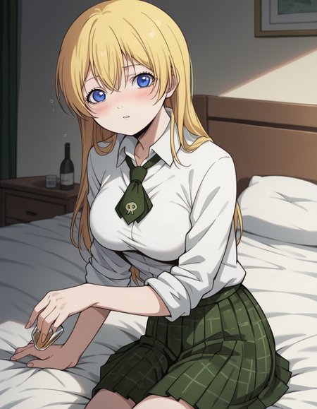 score_9, score_8_up, score_7_up, source_anime,
btooomhimiko, <lora:btooom-himiko-s1-ponyxl-lora-nochekaiser:1>,
himiko, long hair, blue eyes, blonde hair, large breasts,
skirt, shirt, school uniform, white shirt, pleated skirt, necktie, plaid, plaid skirt, sleeves rolled up,
indoors, bed, bed room, on side, blush, drunk,
looking at viewer, cowboy shot, solo, dutch angle