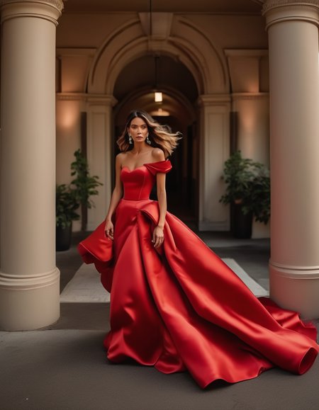 A stunning full-body portrait of a woman in a strapless red satin gown with a fitted bodice and a full, flowing skirt. The gown features a dramatic train, her hair styled in soft waves, her lips painted a bold red to match the dress. <lora:usual-portrait-v2:1>