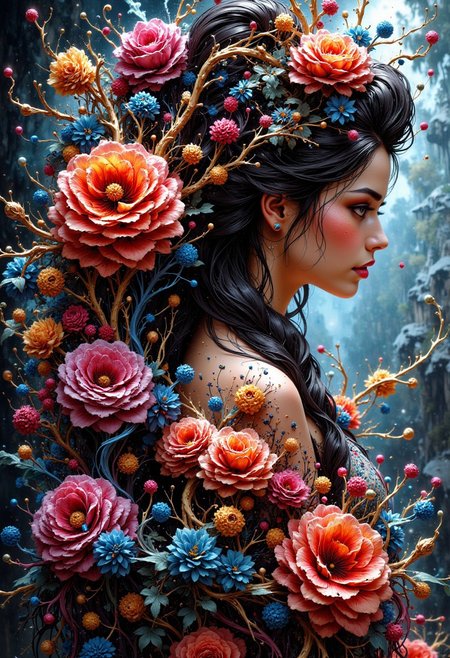 masterpiece, side portrait of a beautiful oriental woman made of flowers, abstract, fractal art , HD32K, wallpaper, hyperdetailed, mythp0rt