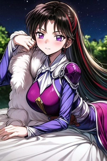 masterpiece,  best quality 1girl Setsun4 solo long hair,  (night time) forest background black hair very long hair purple eyes multicolored hair armor (fur trim) (medium body),<lora:EMS-179-EMS:0.800000>,<lora:EMS-293862-EMS:0.800000> bow, hair_bow, hair_tubes, red_bow, brown_hair, long_hair, bangs, ascot, frilled_bow, yellow_ascot, blush, smile, hair_between_eyes, athletic, armor, miko, ,(((intricate outfit,intricate clothes,embroidered outfit,ornate outfit,embroidered clothes,ornate clothes))), laying down, lying down