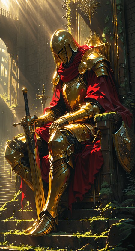 masterpiece, best quality, good quality, very awa, newest, highres, absurdres, solo, 1boy, sitting, male focus, weapon, outdoors, sword, cape, armor, sunlight, helmet, shoulder armor, gauntlets, scenery, pauldrons, shield, breastplate, light rays, stairs, red cape, armored boots, greaves, planted, knight, full armor, throne, planted sword, moss, gold armor, limited palette, h4ra_illu <lora:illustriousXL_stabilizer_v1.23:0.3> <lora:NOOB_vp1_detailer_by_volnovik_v1:0.3> <lora:ponyv6_noobE11_2_adamW-000017:0.3> <lora:114558v4df2fsdf5:0.6> <lora:XXX667:0.4> <lora:-_iLL_-_the_edgy_mech_V2.0-:0.8>