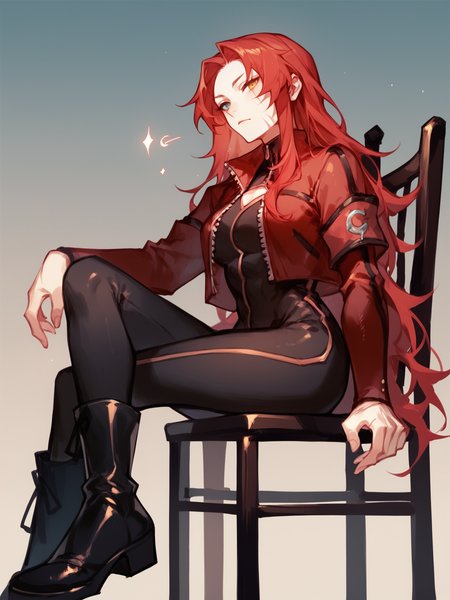 score_9, score_8_up, score_7_up, Gebura, 1woman, solo, red long hair, scars on face, heterochromia, black jumpsuit, shor red jacket, black boots, steps on chair, night room background  <lora:Gebura:1>