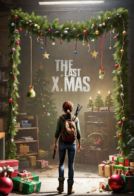 (The last of us) gameplay scene, backview of Elly with a gun,  picture of a (monster) infected by cordyceps with worn ((Christmas decorations)), overaly of sign that says (((("THE LAST XMAS")))) , mistletoe mercenaries,