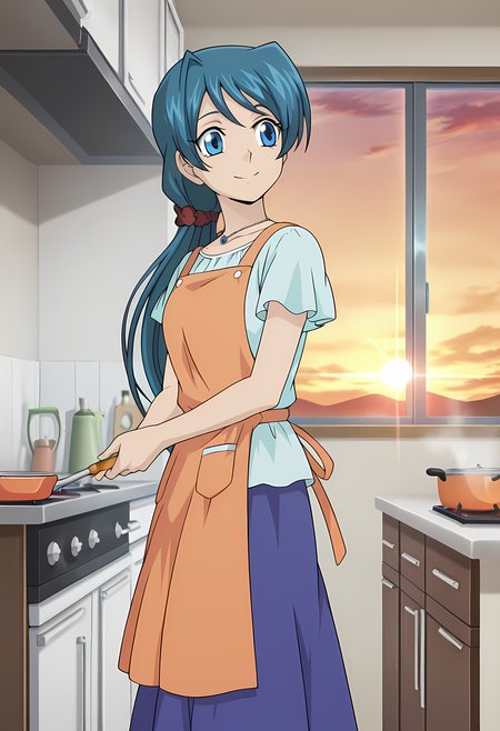 masterpiece,best quality,amazing quality,

1girl, solo, face focus,

Shizuka Sendou (Cardfight Vanguard), long hair, blue hair, blue eyes, necklace, jewelry, shirt, short sleeves, slippers, long skirt, blue skirt, 

cinematic, upper body, smile,

cooking, at kitchen,  holding a spatul,a

afternoon, sunset, 

Lens flare, bloom,

Official style, anime screencap, anime coloring,
















