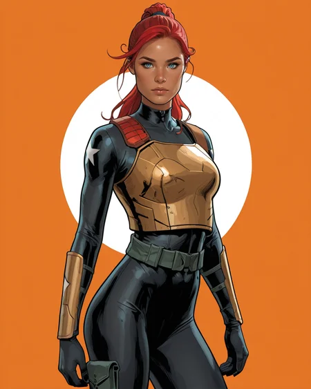 masterpiece, best quality, absurdres, perfect quality, absolutely eye-catching,   <lora:JeffSpokesIllus:1> jspokes,    <lora:ScarlettGIJoeIllus:1> scarlettgijoe, 1girl, red hair, blue eyes, ponytail, bodysuit, armor, simple background,