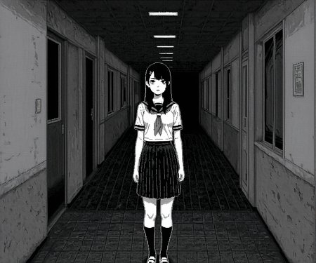 masterpiece, best quality, amazing quality,  1girl, solo, ,standing, hallway, looking at looking at viewer, school uniform, horror \(theme\), <lora:World of Horror style:1.2> WoH, pixel art, grayscale, monochrome
