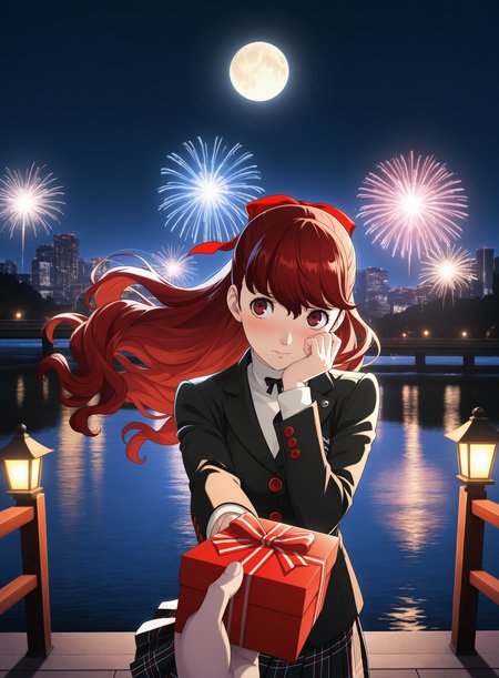 masterpiece,best quality,amazing quality,anime coloring, anime screencap, official art, 
yoshizawa kasumi, persona 5, school uniform, 
standing, (shy),looking at viewer, flowing hair, wind, upper_body,gift box, holding gift,outstretched hand, hand on own face, looking away, 
outdoors, night, city lights, full moon, backlighting, lake, lantern, fireworks, bridge, riverbank,photo background,realistic background, reflection, POV,