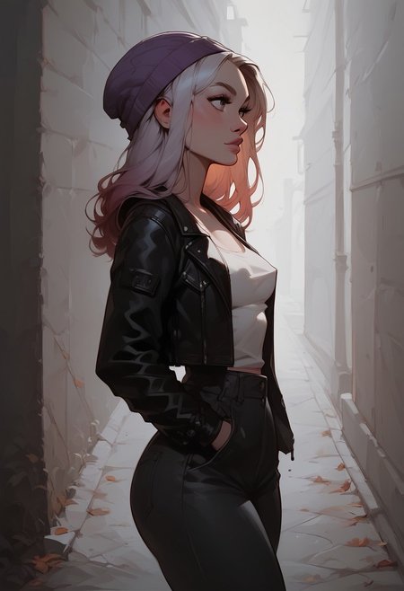 score_9, score_8_up, score_7_up, ExpresHGothicNeonIncase, high angle, 1girl, shoulders length hair, straight hair, platinum hair, (violet) gradient hair, dark eyes, cute face, medium breasts, athletic, narrow hips, pale skin, solo, walking, black leather jacket, white tank top, side boob, nipple peek, black leather pants, hands on pocket, street, beanie, autumn scenario, looking away, side view, cowboy shot, closeup