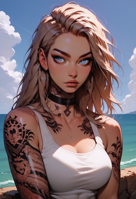 Score_9, Score8_up, Score_7_up, (((High Resolution, Best Quality))), 
1girl, solo, toned arms, beautiful blue eyes, Covered in Tattoos, her hand on her head, brushing hair behind ear, 
Tanktop, cutoff, choker, 
On a Cliff overlooking a beach, Cloudy Sky,