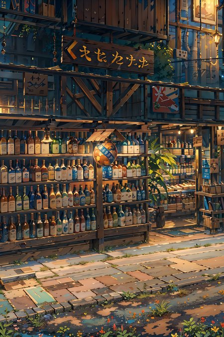 (masterpiece:1.3),(best quality:1.3),highres,vivid colors,ultra-detailed,masterpiece,extremely detailed CG unity 8k wallpaper,absolutely magical world,scenery,<lora:Detailed_Places_R-128_v1:0.7>,scenery,no humans,bottle,outdoors,plant,sign,night,shop,road,
