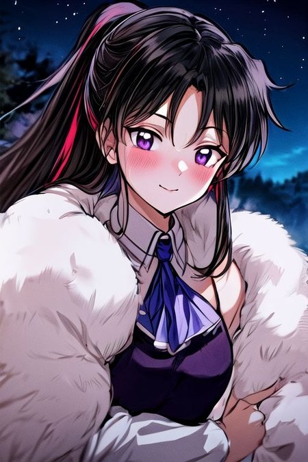 masterpiece,  best quality 1girl Setsun4 solo long hair,  (night time) forest background black hair very long hair purple eyes multicolored hair armor (fur trim) (medium body),<lora:EMS-179-EMS:0.800000>,<lora:EMS-293862-EMS:0.800000> bow, hair_bow, hair_tubes, red_bow, brown_hair, long_hair, bangs, ascot, frilled_bow, yellow_ascot, blush, smile, hair_between_eyes, athletic