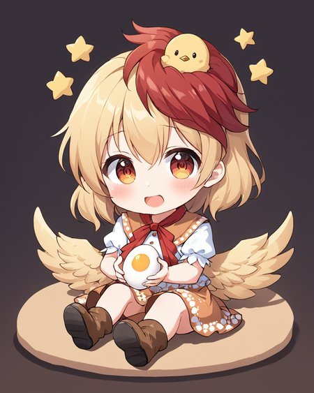 niwatari kutaka,1girl, chick, open_mouth, animal, boots, solo, feathered_wings, dress, holding, food, short_sleeves, brown_footwear, bird_wings, sitting, teeth, white_shirt, egg, bird_on_head, blush, chibi, dated, tomato
<lora:niwatari_kutaka_image1327_2023-12-20-000010:1>,star-shaped_pupils,symbol-shaped_pupils,. gorgeous,key visual, vibrant, studio anime,award-winning, professional, highly detailed,high budget, cinemascope