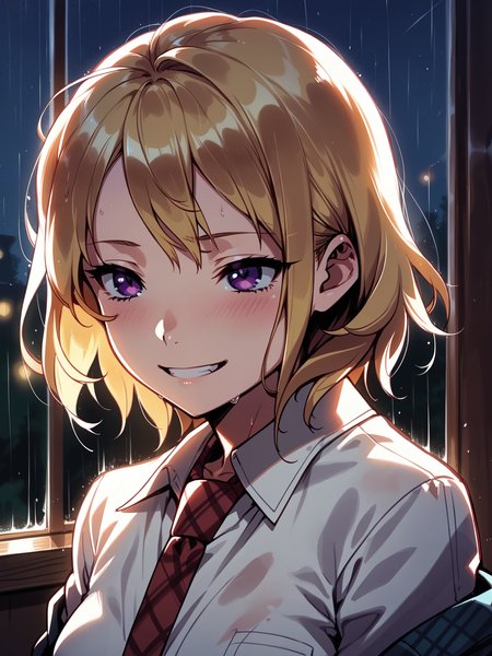 (upper body, solo focus:1.2) <lora:happy_tentacle-lovebeat-v0.2-000036:1>, ht_lovebeat, blonde hair, purple eyes, collared shirt, blazer, pleated skirt, plaid skirt, plaid necktie, garter straps, thighhighs, knee boots, lace-up boots, () ( :1.1) ( , , (sad :1.2) , smile , looking up :1) , indoors, ((night, night sky :0.6), rain :0.8), (open window :0.9), (furniture:0.9), , , , , ( :0.9) ((from behind :1.3) :0.8) score_9, score_8_up, score_7_up, score_6_up, score_5_up, score_4_up, ( [(realistic, photorealistic:1.3):(realistic:1.2):12] [(3d:1.2)::10] :1) <lora:LUUNA's Lunas-NijiJourney-SDXL-B2:0.35>, nijijourney <lora:prgfrg23's Counterfeit-V3.0 Style SDXL_LoRA_Pony Diffusion V6 XL:0.5> <lora:mfcg's mfcgXL:0.12> <lora:reweik's gyokai(himehajime)_PonyXL_style_v01:0.14>