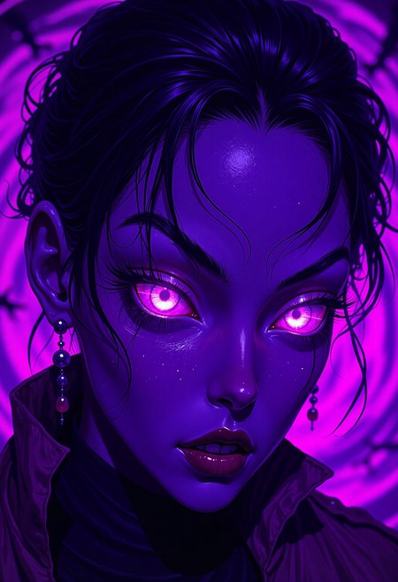An extreme close-up of a hauntingly photorealistic character's face, illuminated by intense, jagged backlighting that casts an unsettling, otherworldly glow, set against a swirling, solid violet background that seems to pulse with dark energy. The bold, rich violet tone contrasts starkly with the harsh, dramatic lighting, creating a surreal, almost three-dimensional effect. Every facial feature is rendered in exquisite, hyper-detailed clarityâsharp, defined, and deeply expressive, with subtle, intricate shadows carving out every contour and crease. The subject's eyes glow faintly with an unnatural light, their pupils reflecting faint, fractured traces of the eerie violet backdrop. The overall composition is cinematic and deeply immersive, blending the gritty realism of a dark fantasy oil painting with the stylized intensity of manga. Dark, foreboding, and unsettling, the image exudes an aura of creeping dread, as if something sinister lurks just beyond the edge of perception. The character's skin is pale and flawless, yet unnervingly textured, with faint, almost imperceptible hints of shifting, inhuman features beneath the surfaceâa shapeshifter on the brink of transformation., hkmagic, anime_d4rk, alone, in a neon-lit NLSTN anime style, NLSTN, glowing, neon,.,extreme close-up, photorealistic character face, dramatic jagged backlighting, eerie atmospheric glow, solid swirling violet background, dark energy, hyper-detailed facial features, sharp focus, intricate shadows, cinematic composition, oil painting style, dark fantasy horror, manga influence, unnatural glowing eyes, fractured light reflections, pale flawless skin, subtle shifting inhuman features, shapeshifter, unsettling, foreboding, creeping dread, sinister presence, otherworldly, surreal, intense, immersive, highly stylized, intricate details, bold contrasting tones, atmospheric lighting, sharp clarity, dark fantasy elements, horror themes, eerie, scary, creepy, transformation hints, hkmagic, anime_d4rk, alone, in a neon-lit NLSTN anime style, NLSTN, glowing, neon,.,<lora:FantasyWizardWitchesFluxV2-000001:0.365> hkmagic,<lora:anime_dark_by_martz:0.27> anime_d4rk, alone,<lora:NLSTN-F:0.194> in a neon-lit NLSTN anime style, NLSTN, glowing, neon,<lora:zy_Dark_Fantasy_Flux:0.4>