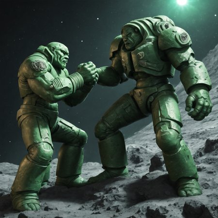 <lora:Space_Marine_Terminator_SDXL:1>, green trmntrs arm wrestling on an asteroid