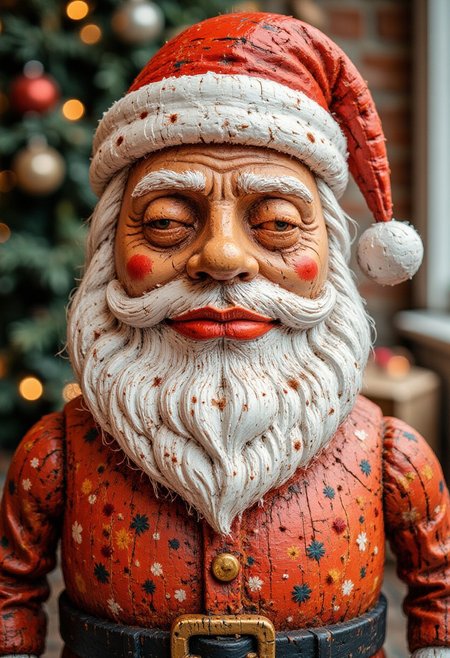<lora:ck-old-wooden-christmas-toys-000016:1>, A high-quality, close-up photograph of a ck-owct style hand-painted wooden christmas toy featuring a Santa Claus with megustaface expression