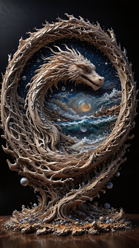 round plate on a display stand, hand Carved, 3D Seascape, abstract art, Carving, Ultra Intricacies, EPIC, <lora:3D_Framed_Wall_Art_-_By_DICE:0.4>, (3D Framed, Plate), <lora:Driftwood_Detailed_Art_-_By_DICE:0.8> , driftwood dragon, Painstaking Attention To Details, UHD, <lora:Milky-Way_Sky_-_By_DICE_For_Cosmogonaut:1>, Milky Way, Night sky <lora:Liquid_Fluid_Metal_XL_-_By_DICE:0.87>, SILVER LIQUID METAL