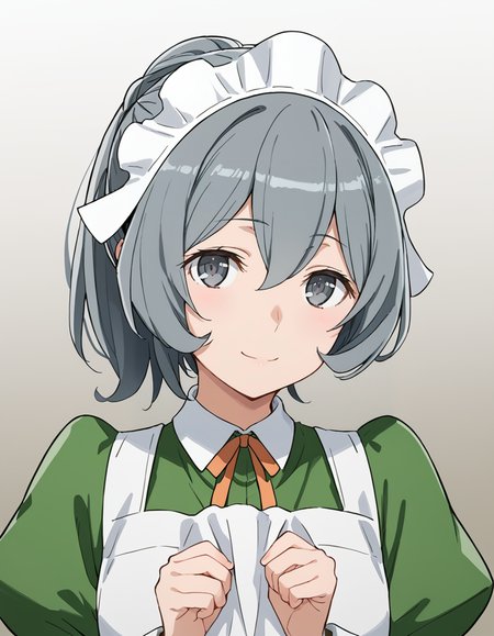 score_9, score_8_up, score_7_up, source_anime, BREAK
1girl, gradient background, solo, looking at viewer, upper body, 
light smile, closed mouth, 
syr flova, short hair, grey hair, ponytail, hair between eyes, grey eyes,
waitress outfit, maid headdress, neck ribbon, green dress, collared dress, neck ribbon, white apron, juliet sleeves,
<lora:syr_flova_anime-soralz:1>