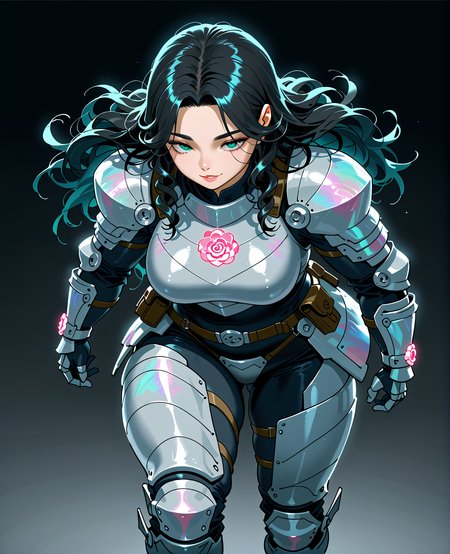 PonyScores7, source_anime, ah1, <lora:natsumi_style:0.5>, <lora:by_usakun-pony:0.4> by usakun, <lora:Akina_Bbw_Style_-_PonyXL:0.2> AkinBw
BREAK 1girl, (curly hair), long hair, (black hair:1.3), mature female, (parted hair:1.7), (round face:1.2), (thick eyebrows:1.5), (curvy), round-chin, (greenish hazel eyes), caucasian, (downturned eyes:1.4), (plump face), messy hair, <lora:Round_face:0.1>, <lora:ETO_OCPonyXL:0.5> eto_oc, skindentation, (plump), thick thighs, wide hips, busty, voluptuous, kinky curls, lips, <lora:venus body PonyXL:0.4>,  (Raised cheekbones, smile), (Extending a hand to reveal a hidden grotesque secret,), (Pink rose quartz crystals create a soothing and romantic ambiance within this cave), looking at viewer, (<lora:Some_Kind_of_Iridescent_Damascus_Steel_XL:0.8> Iridescent Damascus, (iridescent damascus armor:1.4),  sleek metallic with shifting colors of blue, silver, and gold, smooth surface with intricate texture, glowing subtle highlights, polished armor with minimalistic design, light reflections creating a fluid, liquid-like effect, modern and elegant armor with a futuristic feel, <lora:Terraformars:0.2> terraformarsmoviebodysuit, armored bodysuit, boobplate, shoulder pads, wrist guards, gloves, utility belt, belt pouch, hip armor, crotch plate, thigh armor, knee pads, shin guards, armored shoes)
BREAK <lora:xl_more_art-full_v1:0.2>, <lora:shinyskin2:0.2> glistening skin, <lora:aesthetic_anime_v1s:0.2>, <lora:Expressive_H:0.2> Expressiveh, <lora:hairdetailpxl:0.2> hairdetailpxl, <lora:EpicF4nta5yXL:0.2>, <lora:detailxl:0.2> detailxl, <lora:Fant5yP0ny:0.2>, best quality, amazing quality, best aesthetic, absurdres, <lora:expressive eyes:0.2> expressive eyes, <lora:eyedetailpxl:0.2> eyedetailpxl, illustration, Volumetric_Lighting, ultra-detailed, very aesthetic, intricate details, 8k, masterpiece, best_quality 
BREAK (Low angle view Extreme Close shot (focus on chest)) 
BREAK <lora:Eyes_High_Definition:0.3> EyesHD, Stable_Yogis_PDXL_Positives, AS-Adult, <lora:Complicated fantasy portrait - XL Pony V2.0:0.4>, bad-hands-5
