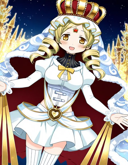 masterpiece, best quality, newest, absurdres, highres, safe, 1girl, holy mami, magia record: mahou shoujo madoka magica gaiden, solo, smile, open mouth, night, outdoors, dutch angle, <lora:tomoe_mami_noobaiXLNAIXL_vPred10Version:0.7>